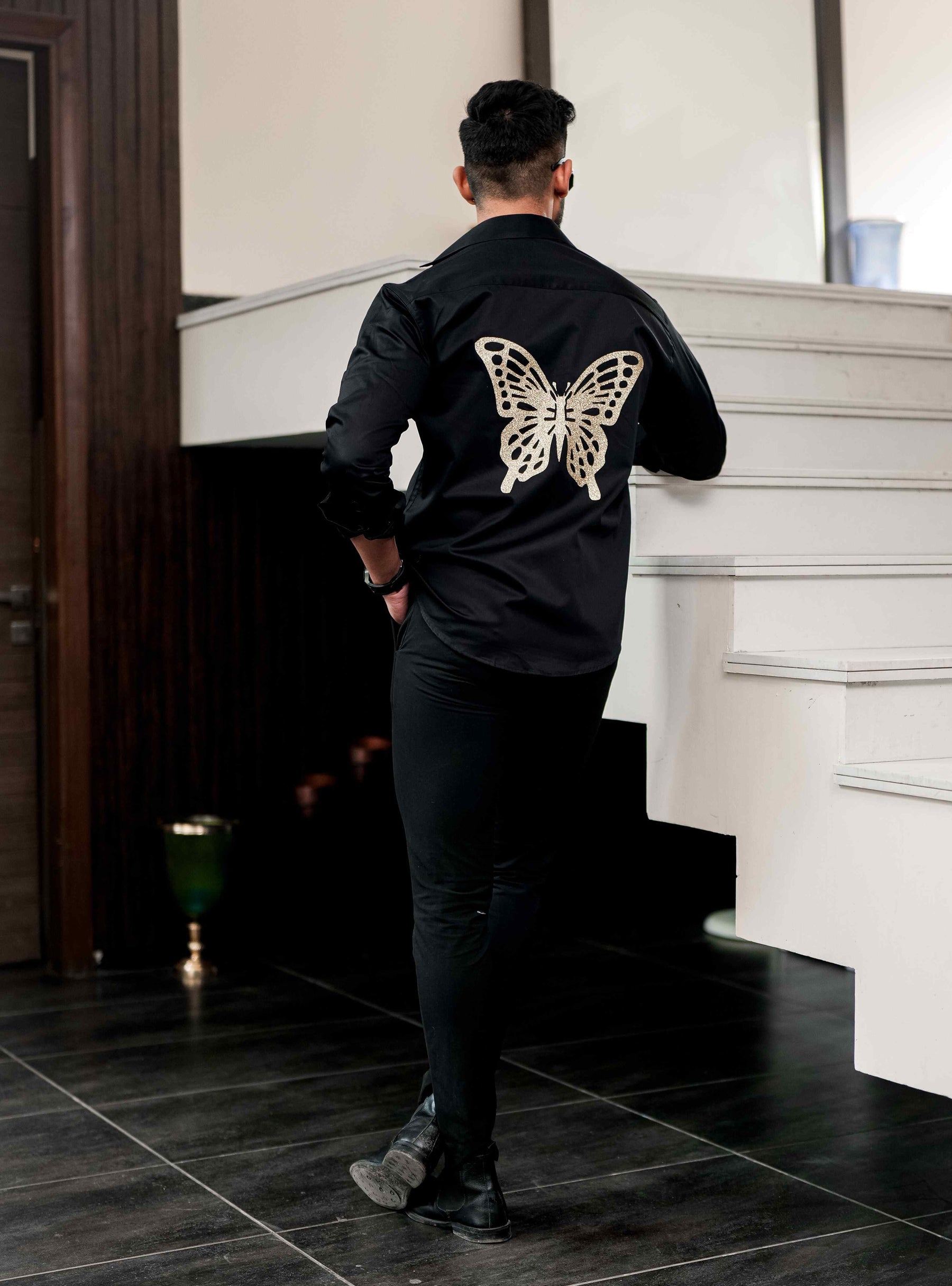 Black Club Wear Butterfly Printed Shirt