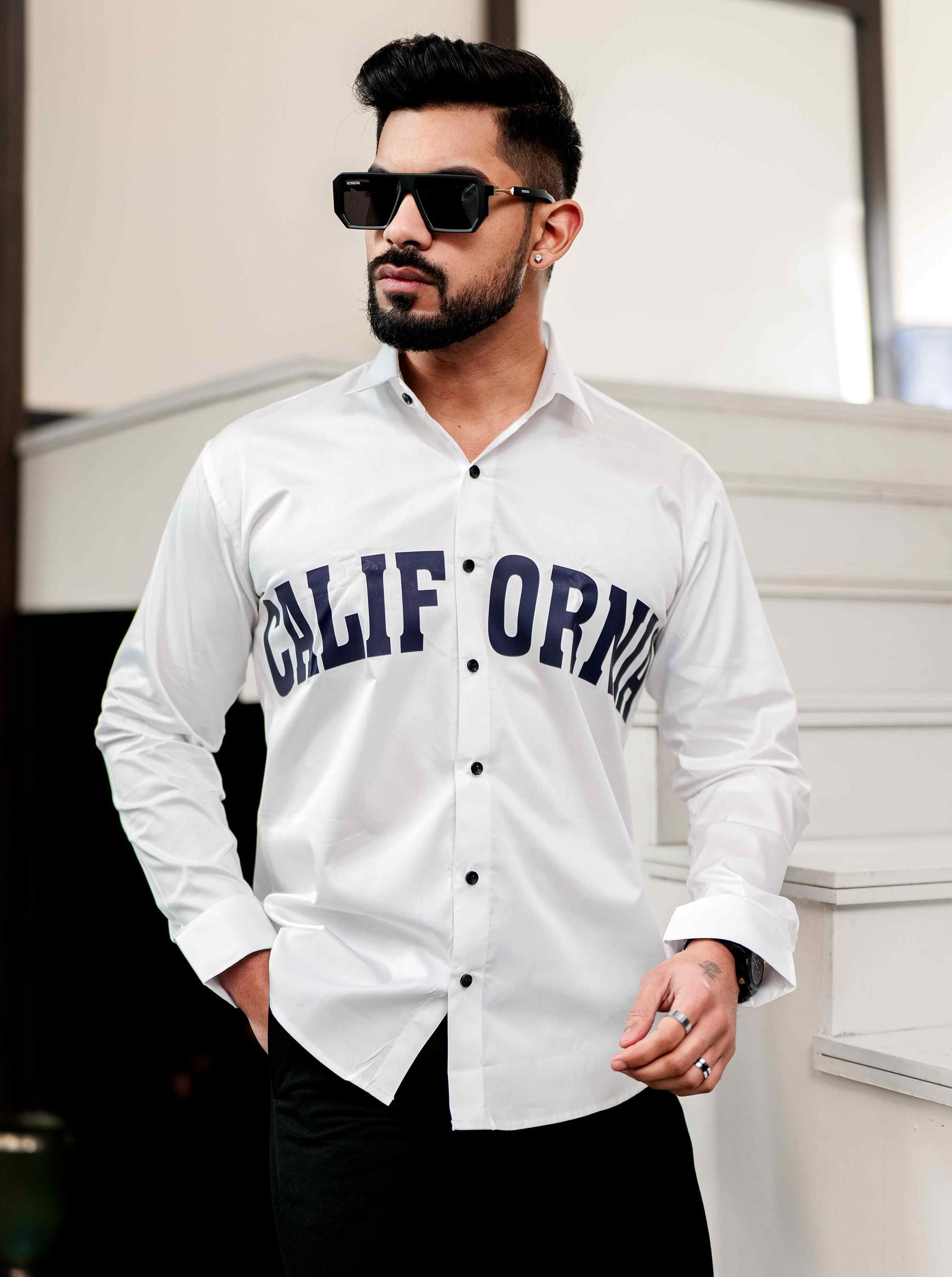 White Club Wear Printed Satin Cotton Shirt