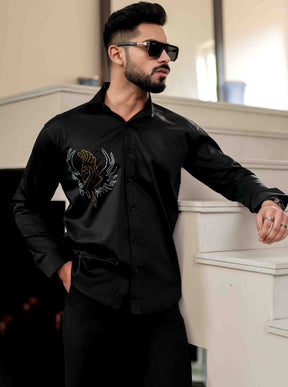 Black Starry Beaded Satin Cotton Premium Party Shirt