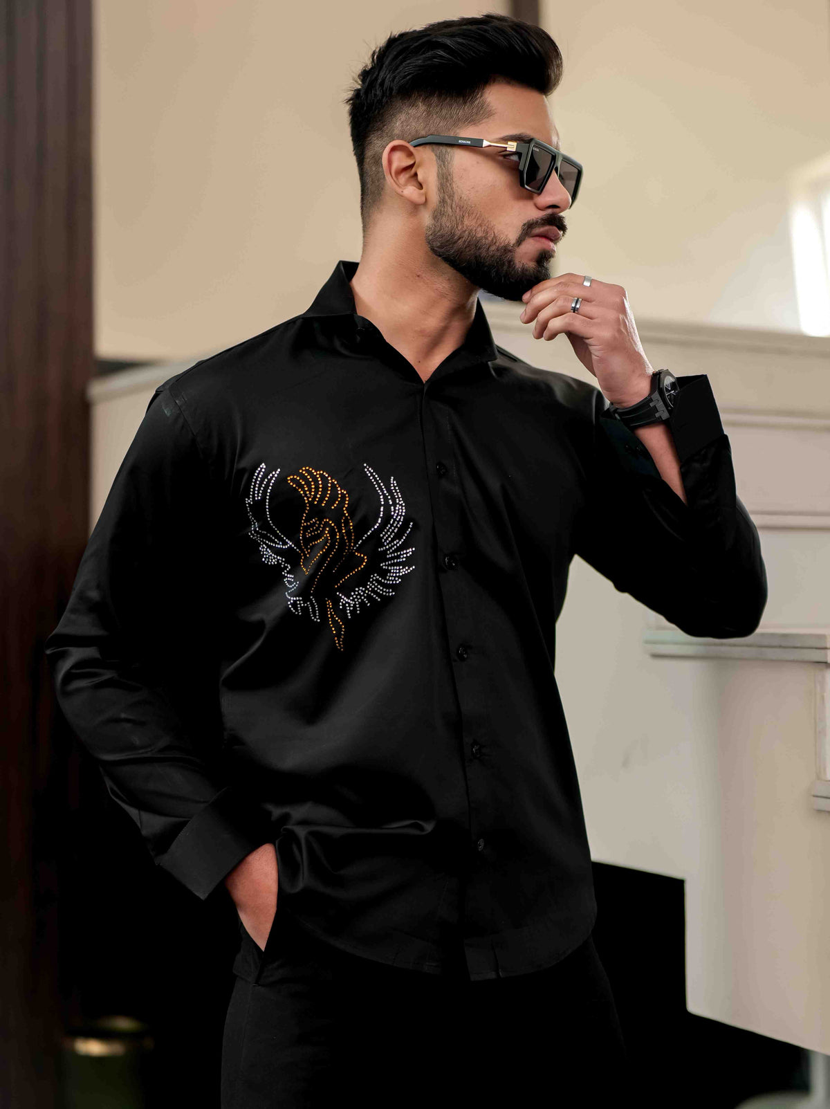 Black Starry Beaded Satin Cotton Premium Party Shirt