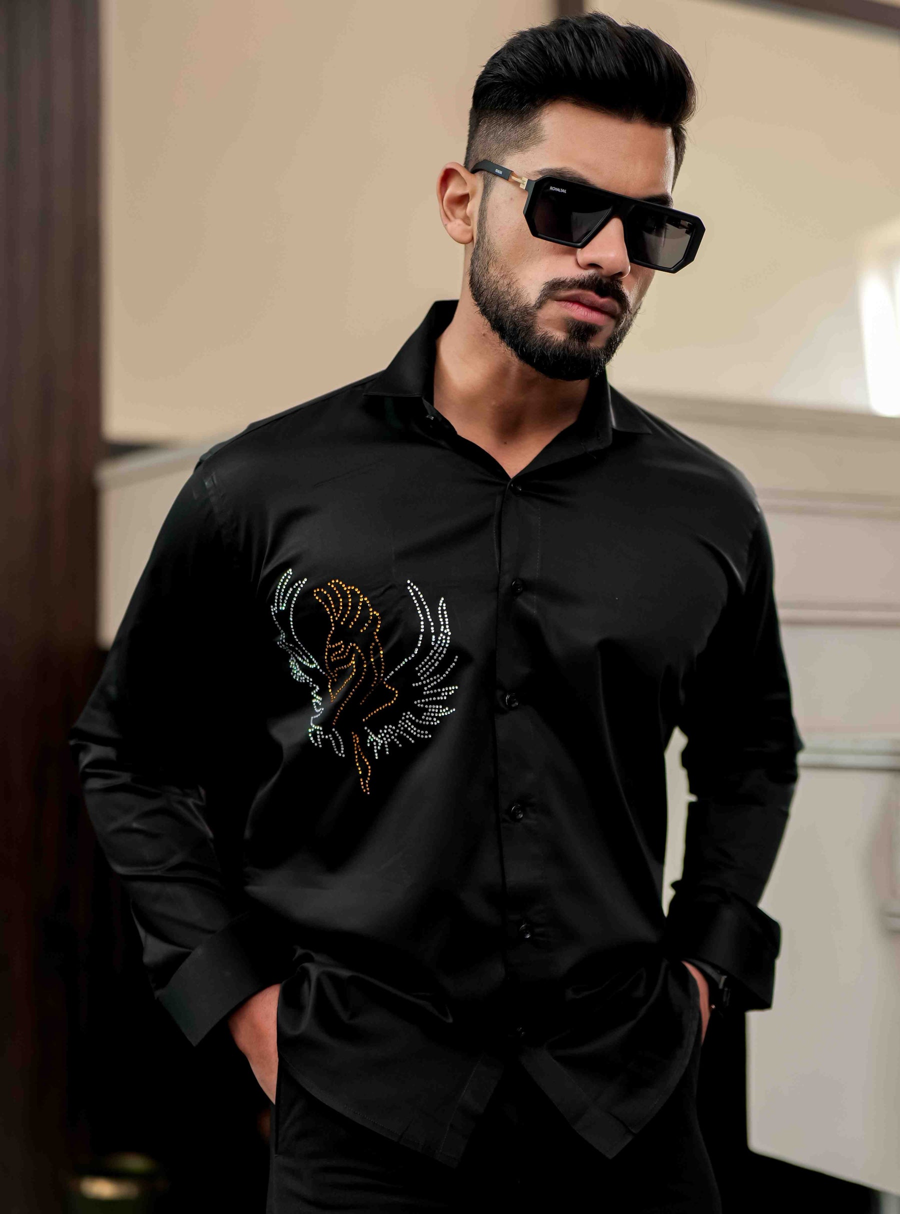 Black Starry Beaded Satin Cotton Premium Party Shirt