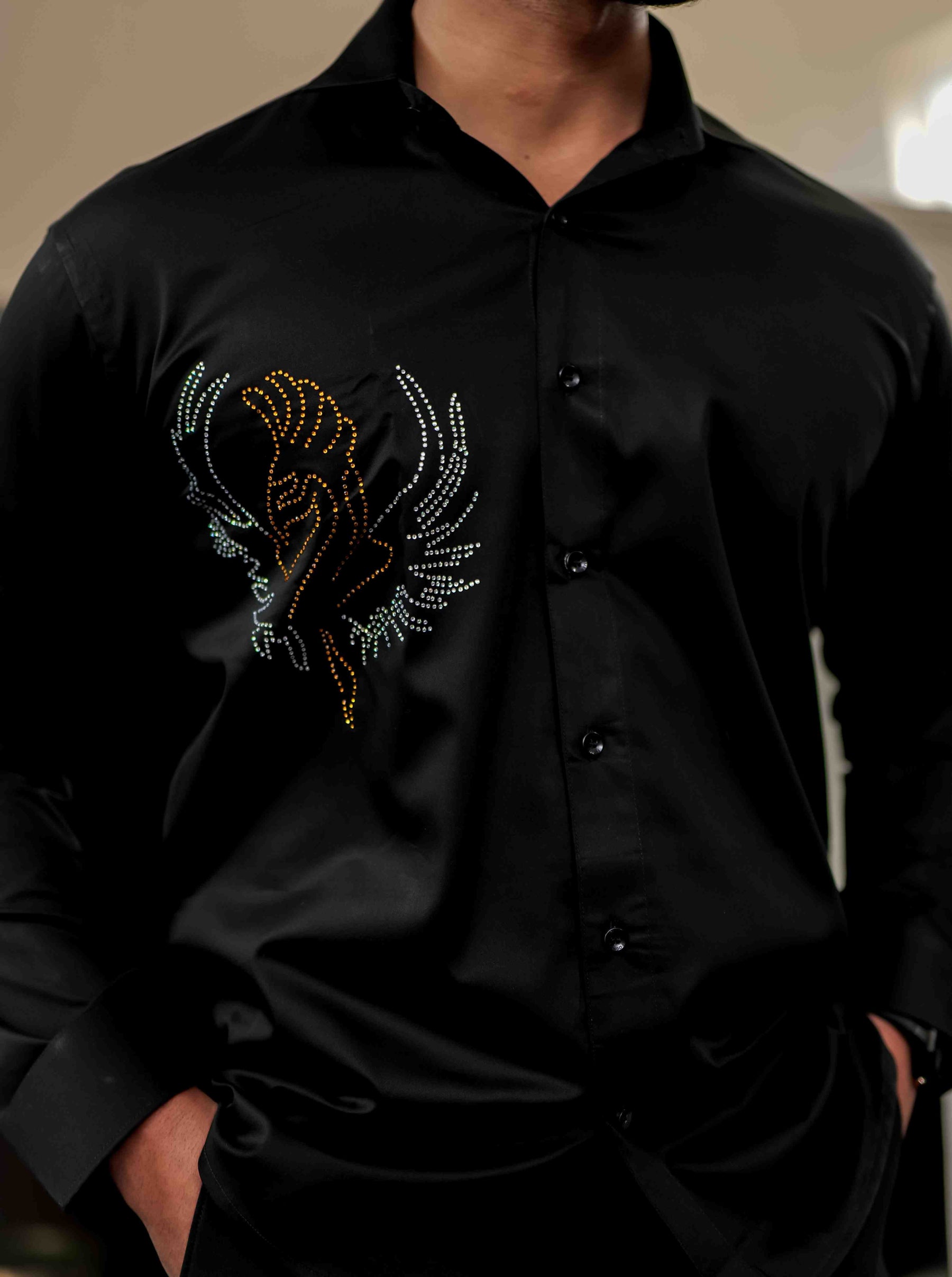 Black Starry Beaded Satin Cotton Premium Party Shirt