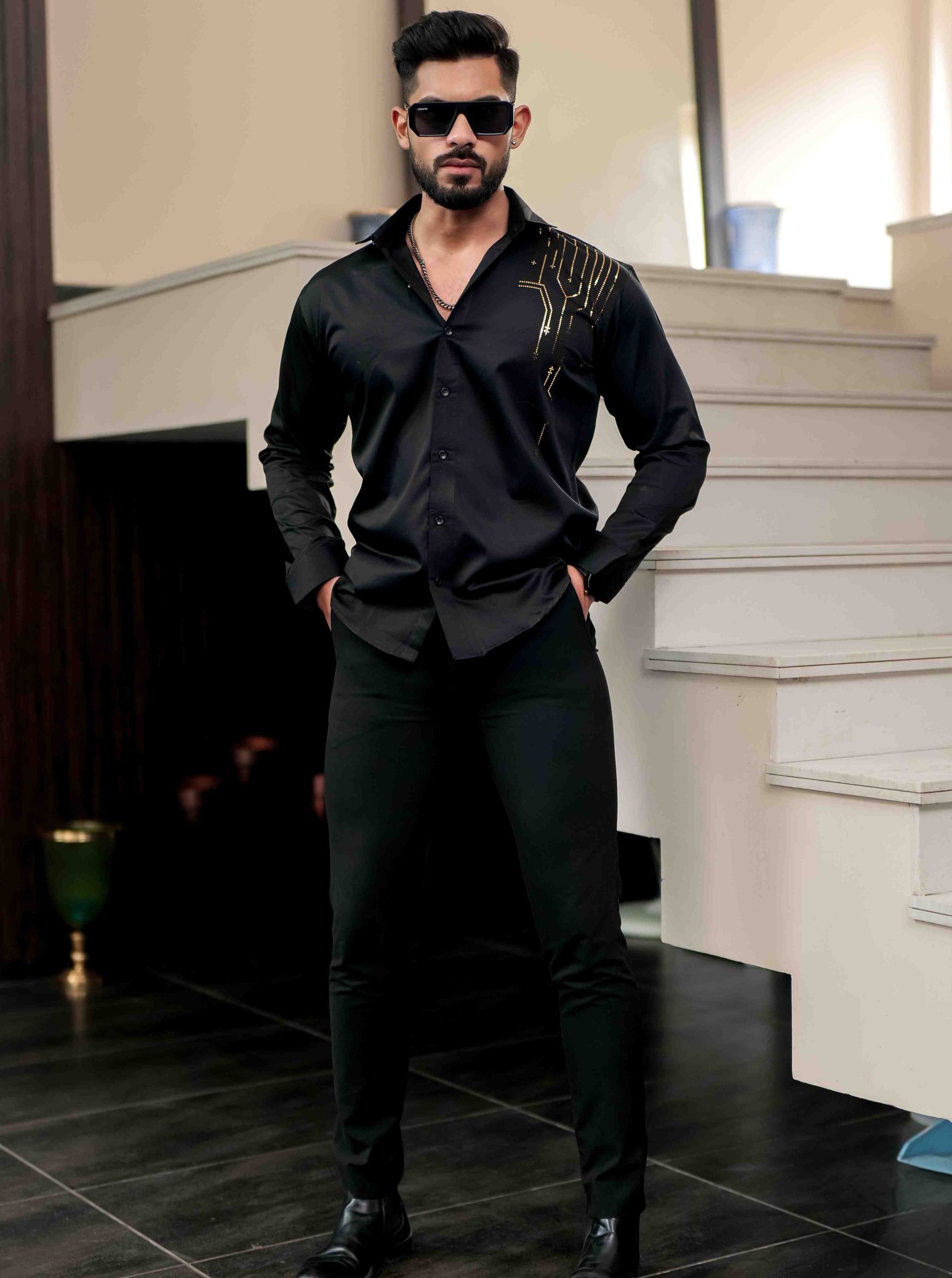 Black Club Wear Satin Cotton Party Shirt