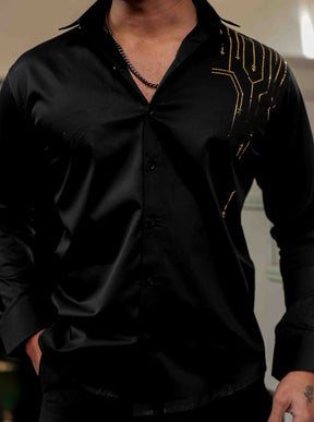 Black Club Wear Satin Cotton Party Shirt