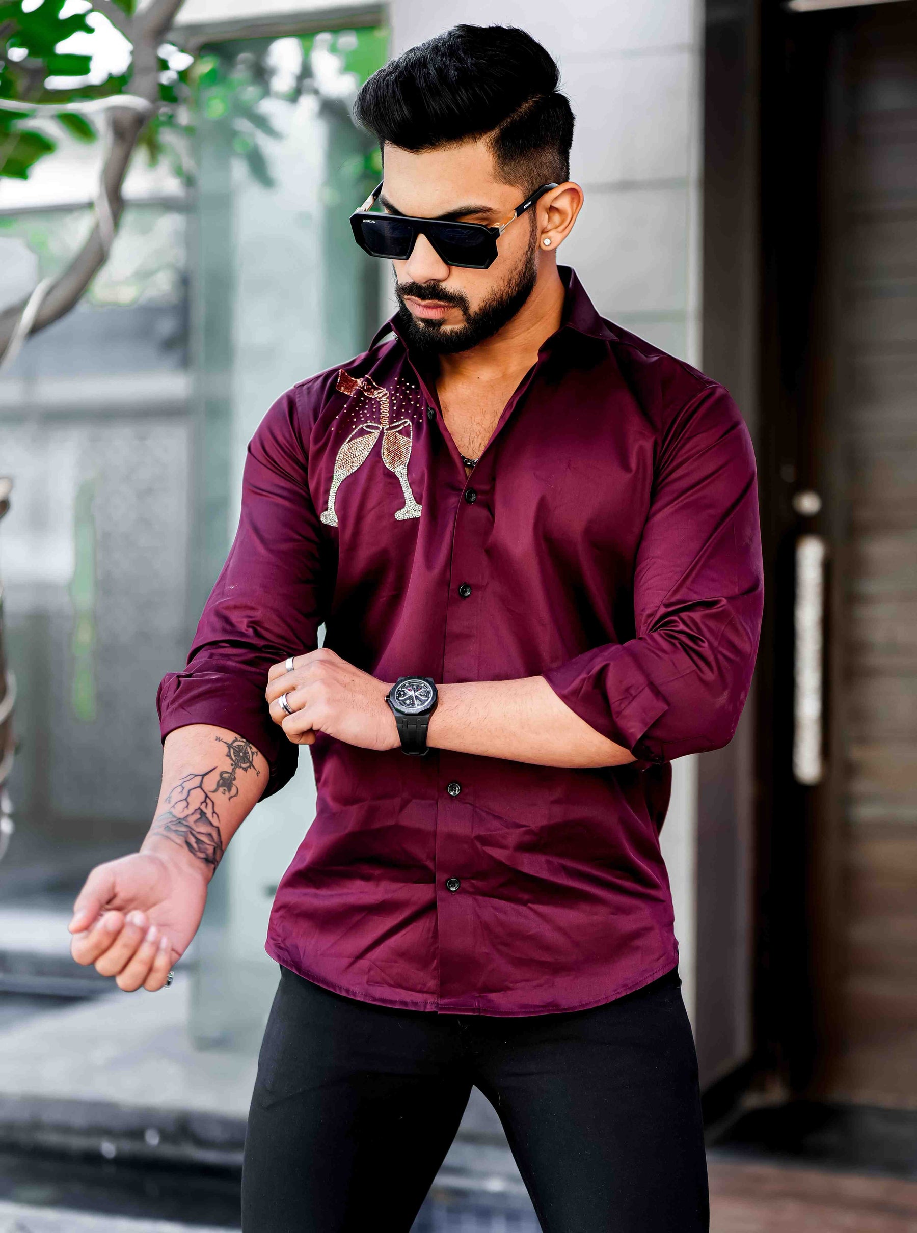 Maroon Rhinestone Hand Work Satin Cotton Premium Shirt