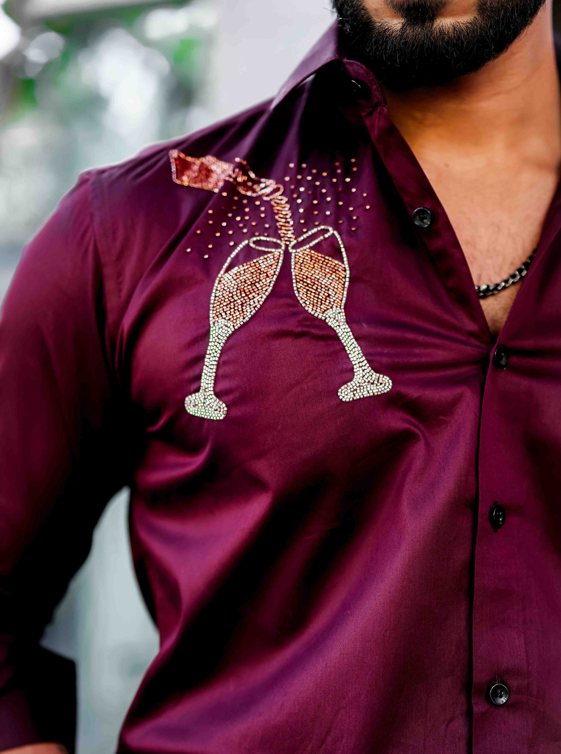 Maroon Rhinestone Hand Work Satin Cotton Premium Shirt