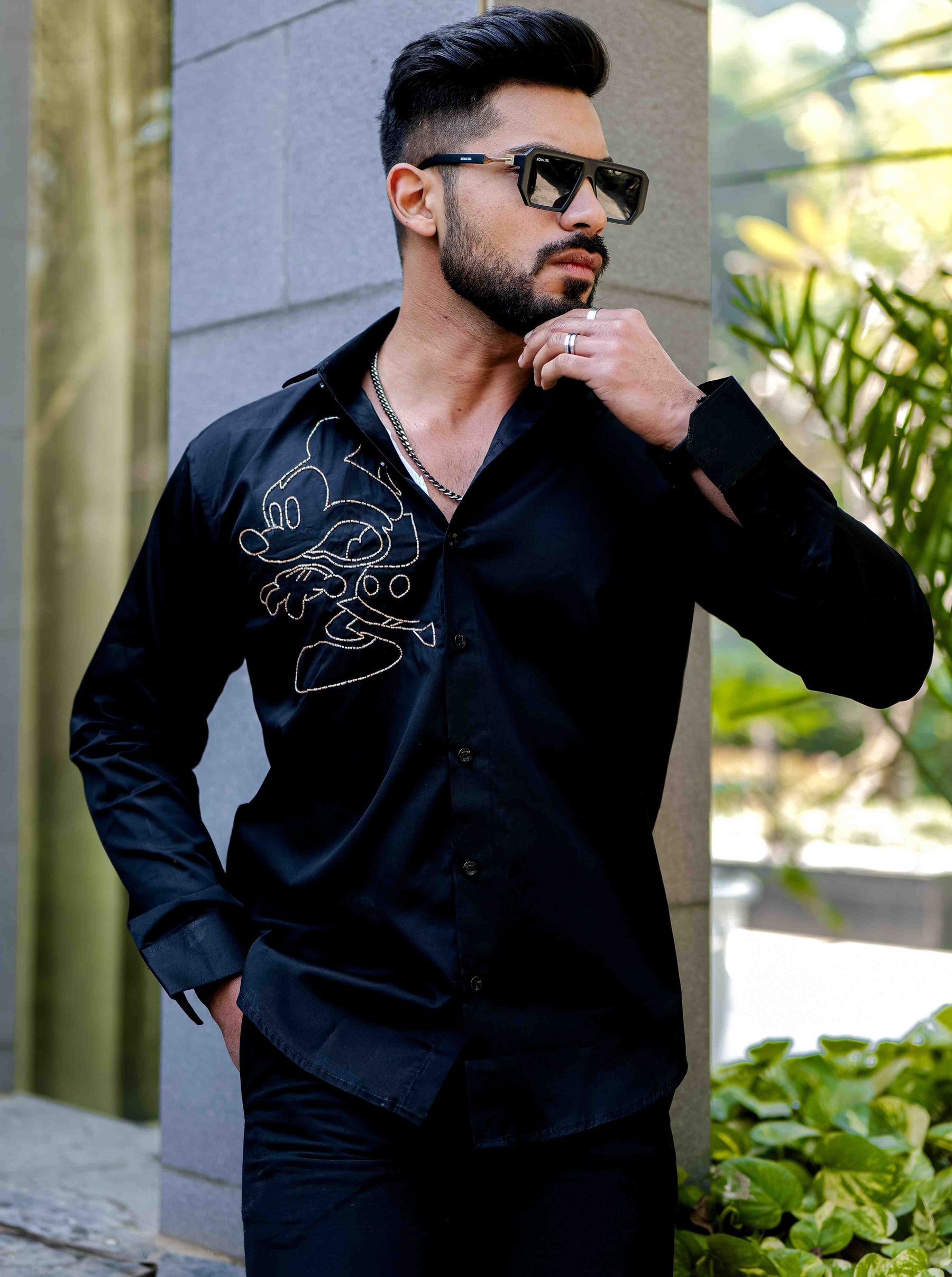 Black Rhinestone Party Satin Cotton Premium Shirt