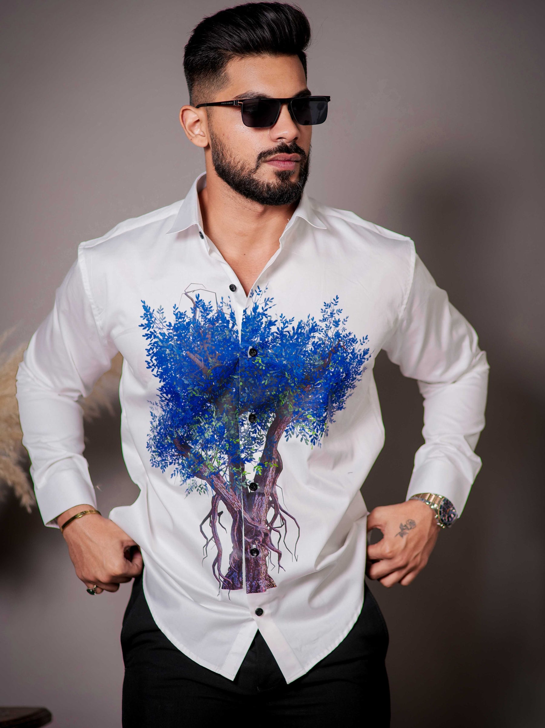 White Club Wear Printed Satin Cotton Shirt