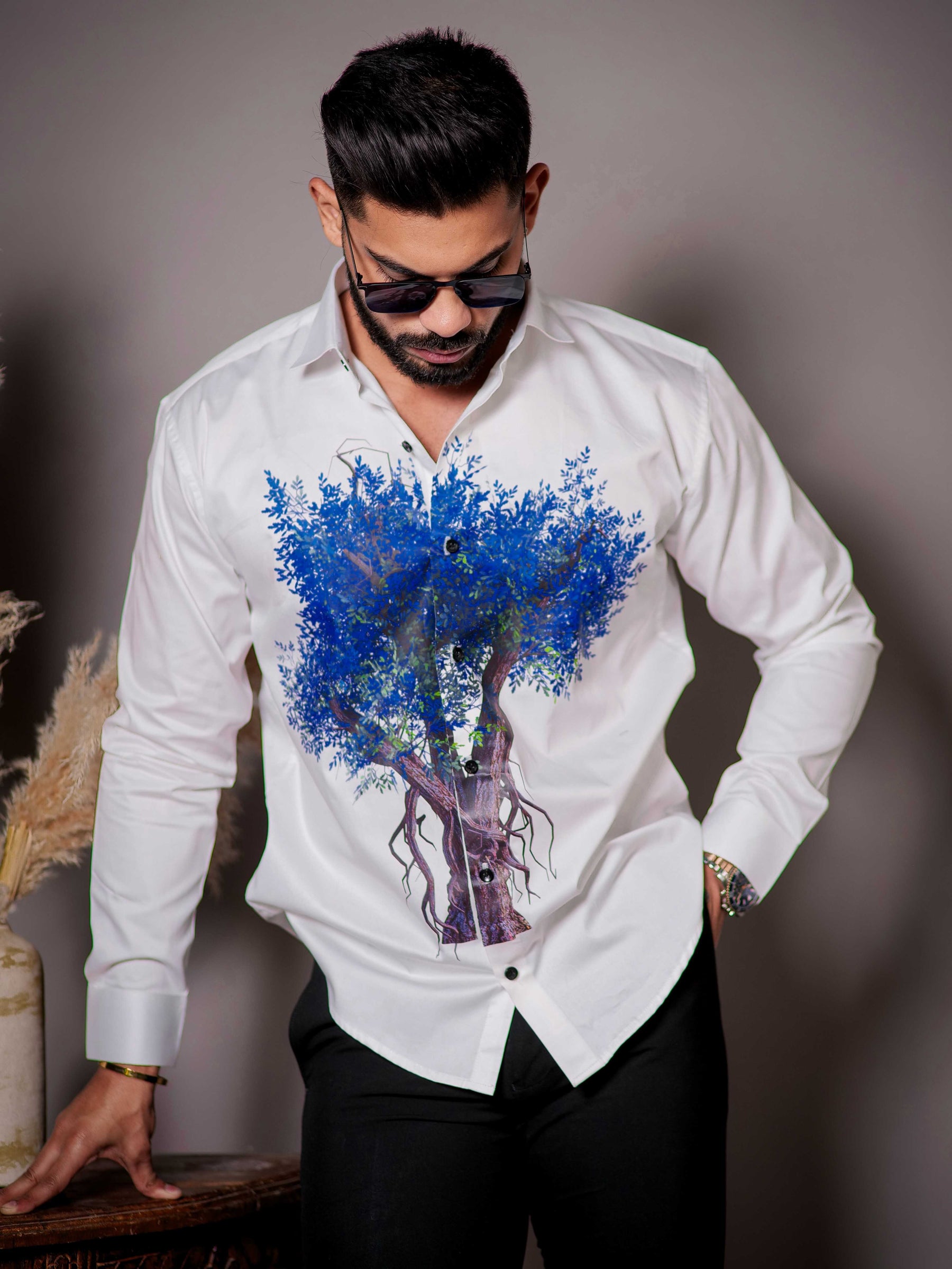 White Club Wear Printed Satin Cotton Shirt