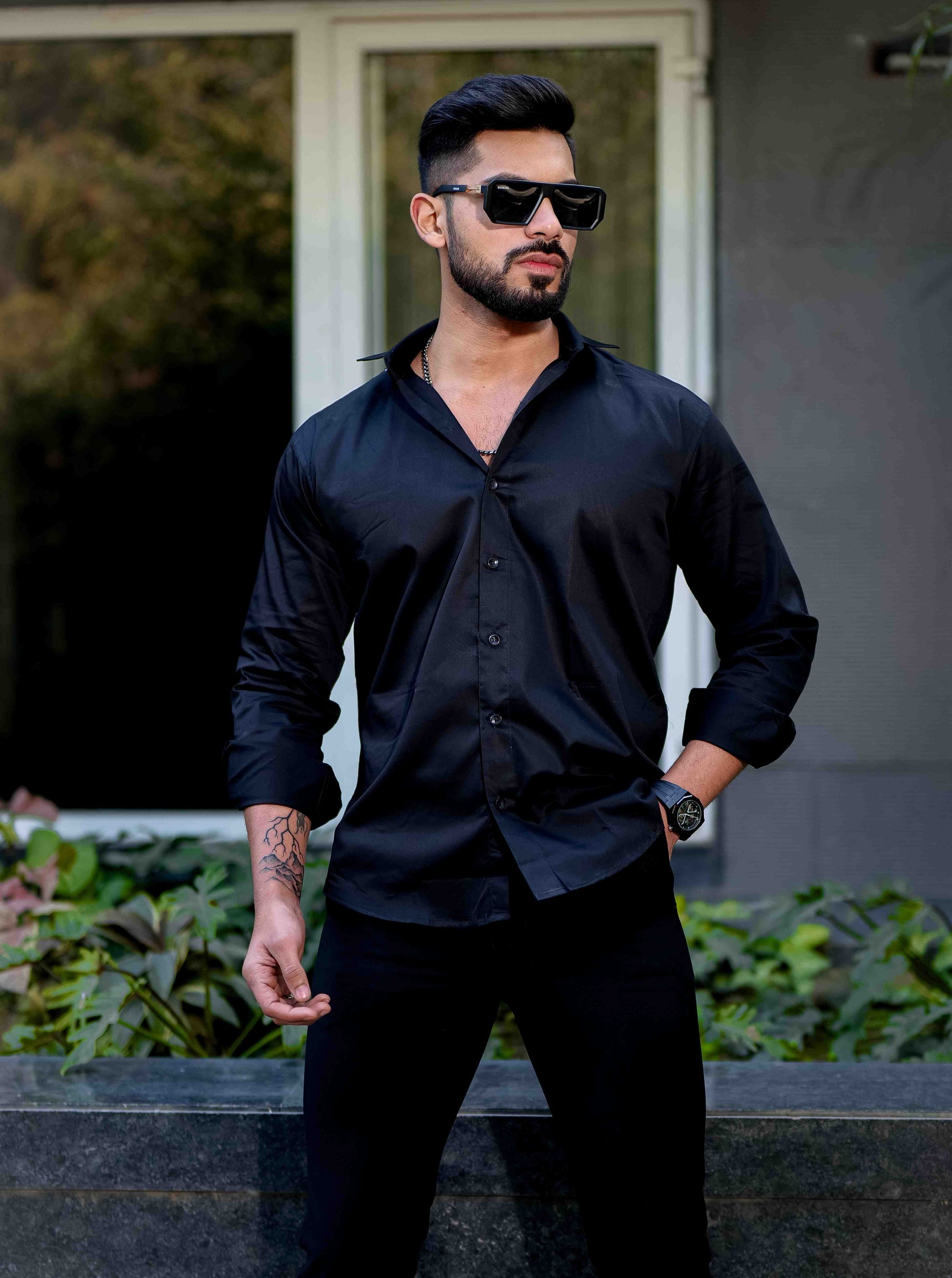 Black Starry Beaded Satin Cotton Premium Party Shirt