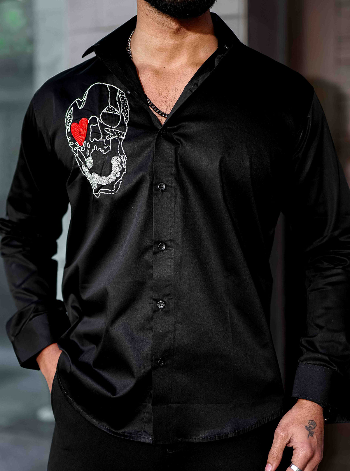 Black Rhinestone Party Satin Cotton Premium Shirt