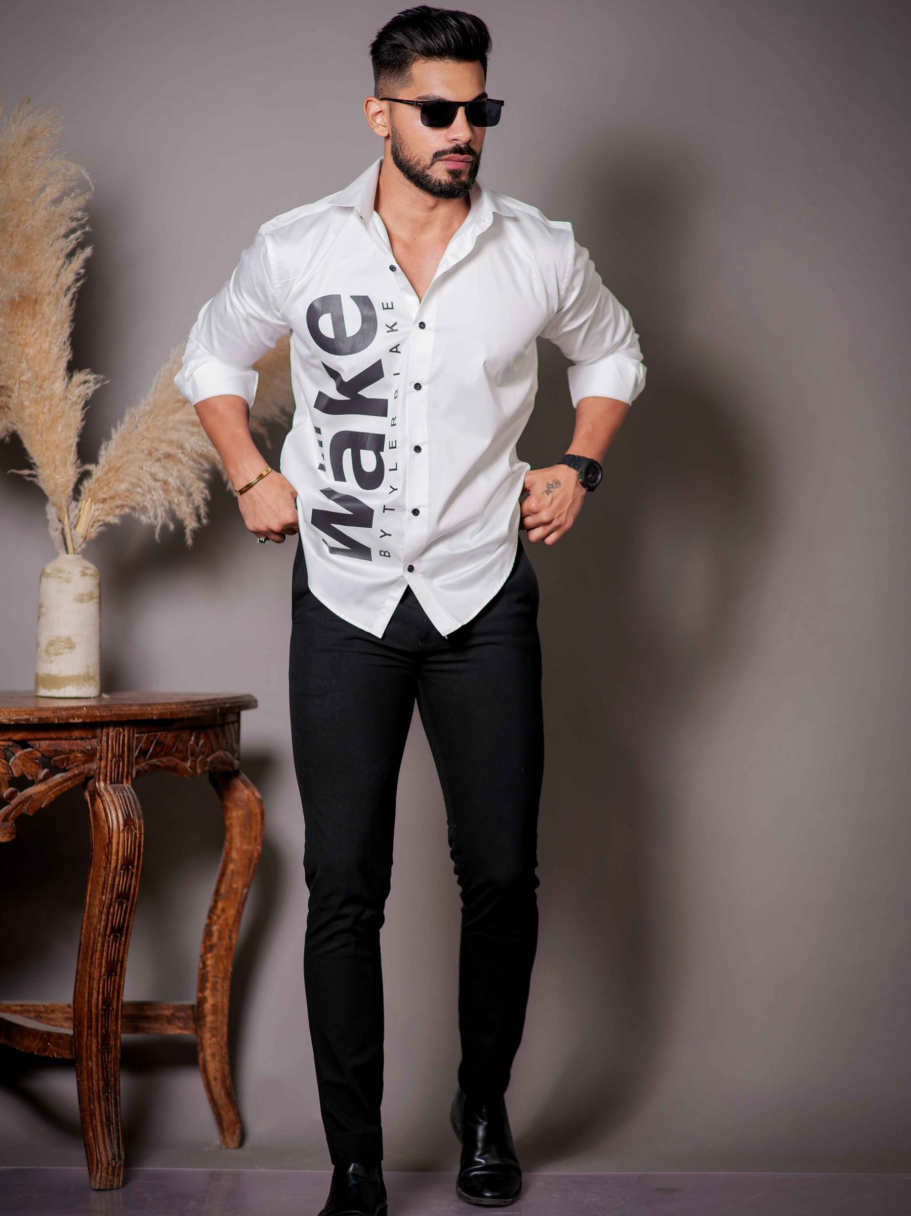 White Club Wear Printed Satin Cotton Shirt