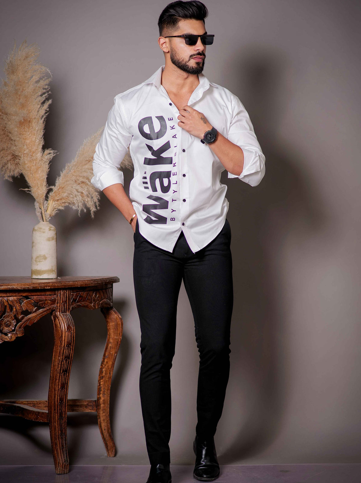 White Club Wear Printed Satin Cotton Shirt