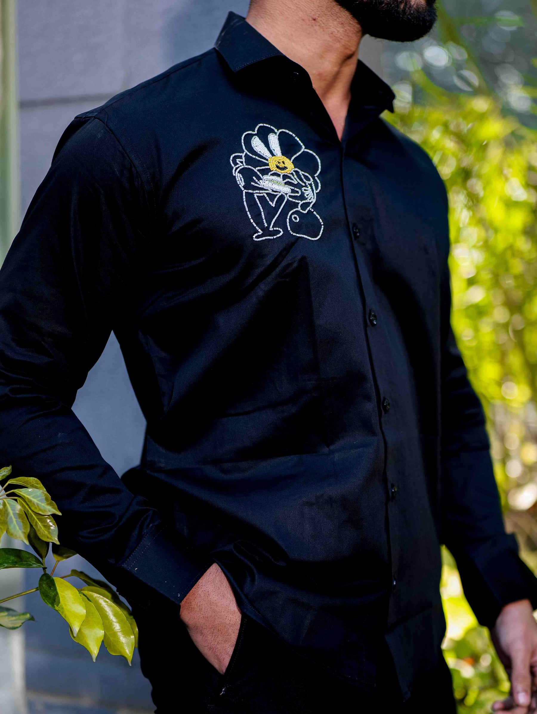 Black Rhinestone Party Satin Cotton Premium Shirt