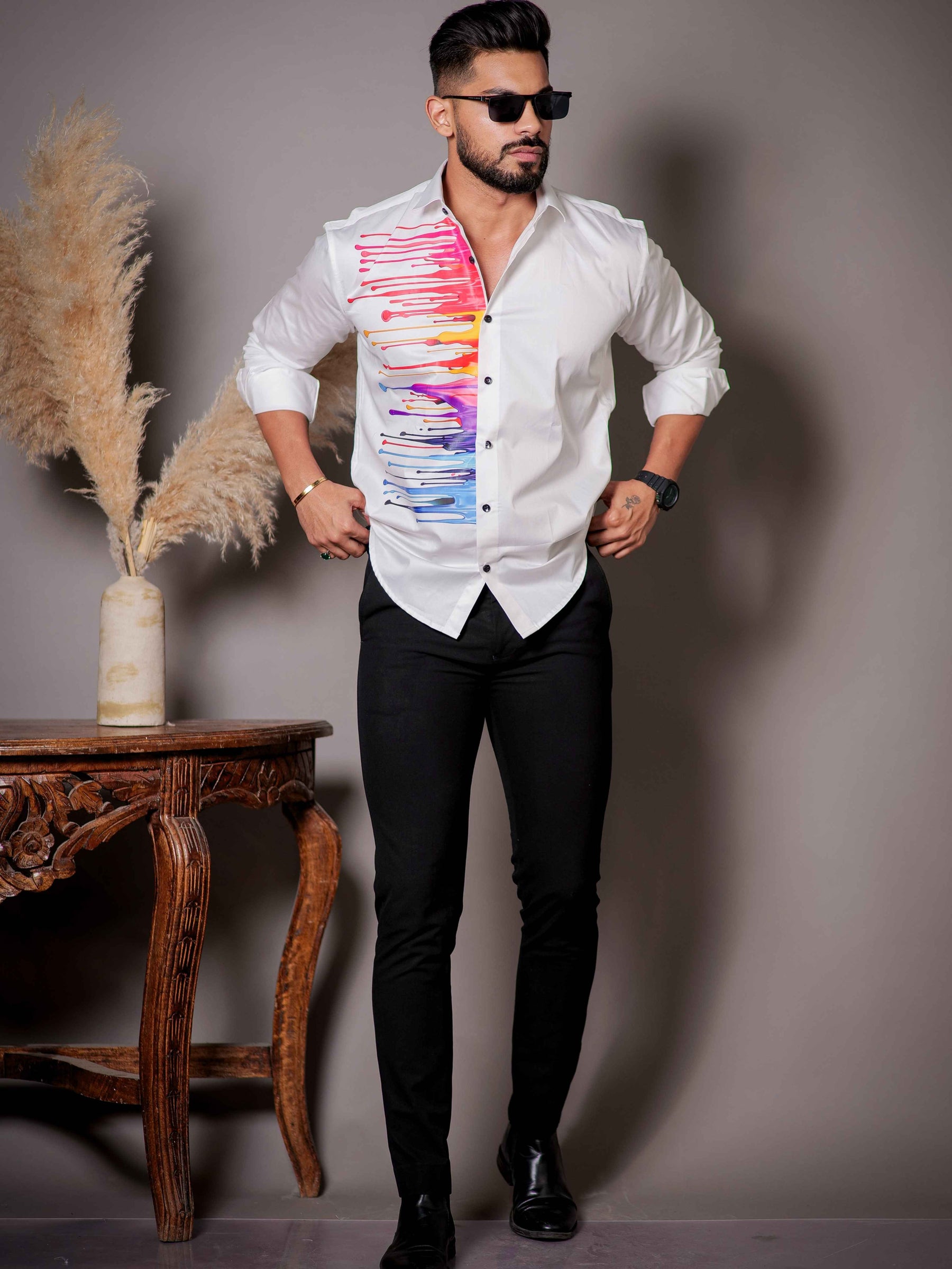 White Club Wear Printed Satin Cotton Shirt