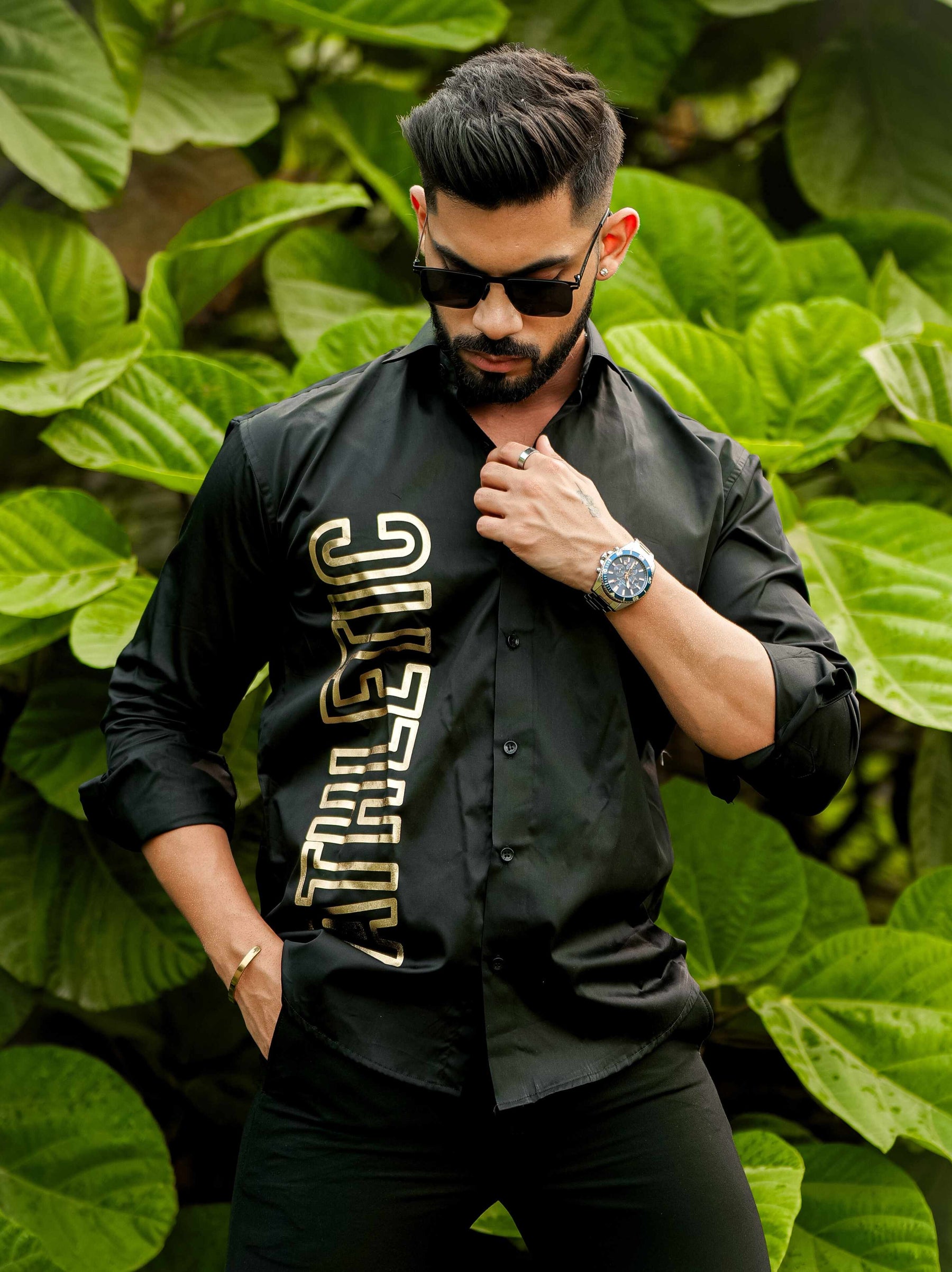 Black Club Wear Printed Satin Cotton Shirt