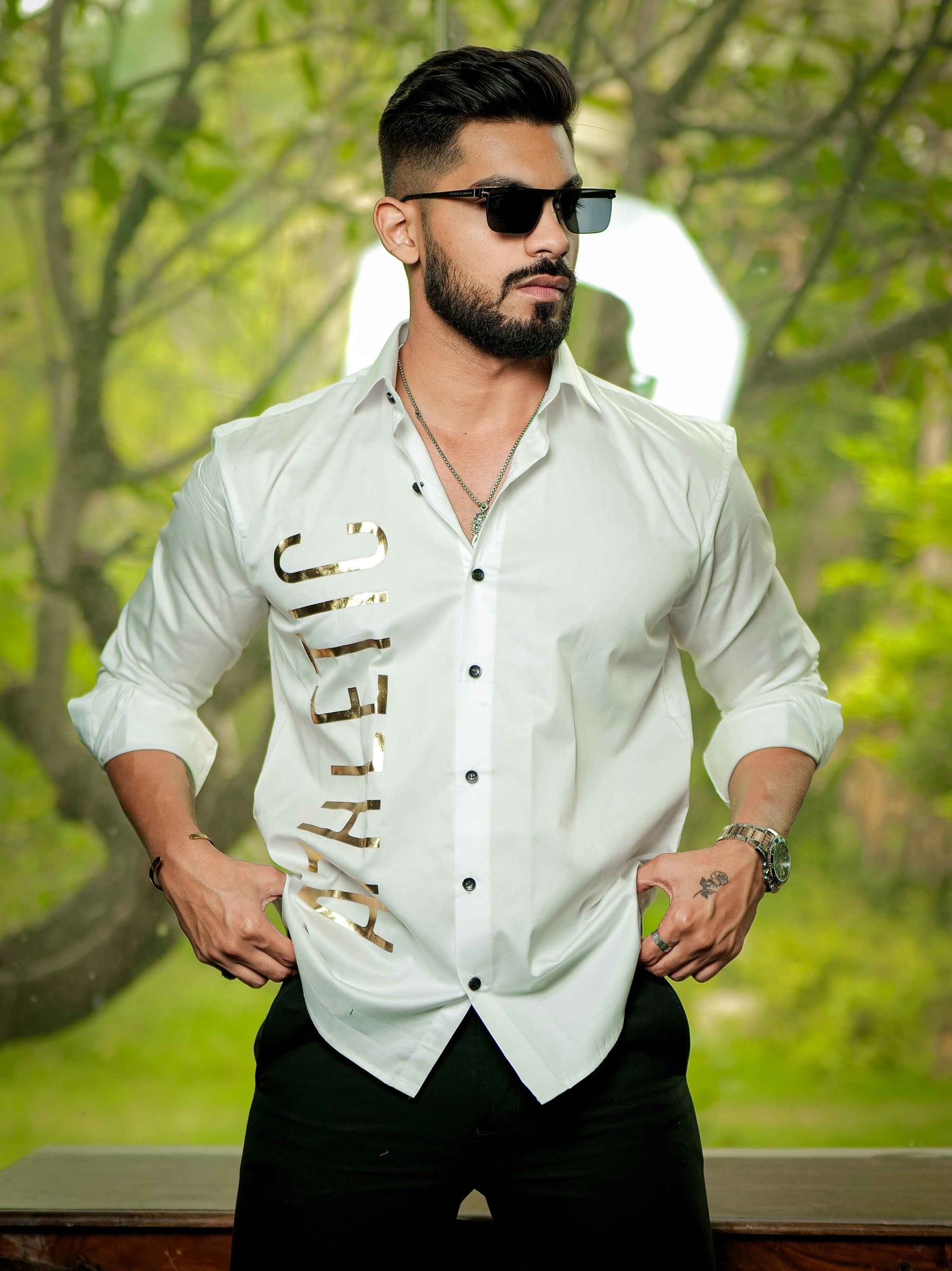 White Club Wear Printed Satin Cotton Shirt