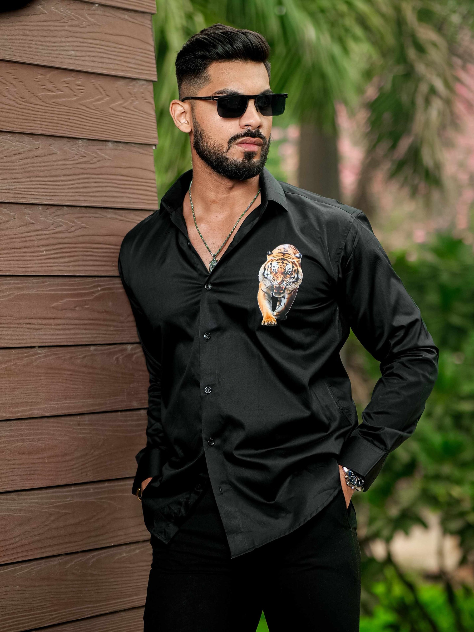 Black Club Wear Printed Satin Cotton Shirt