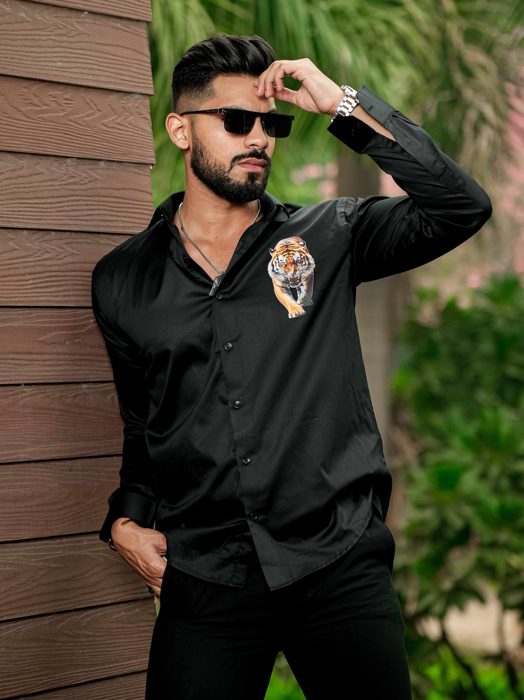 Black Club Wear Printed Satin Cotton Shirt