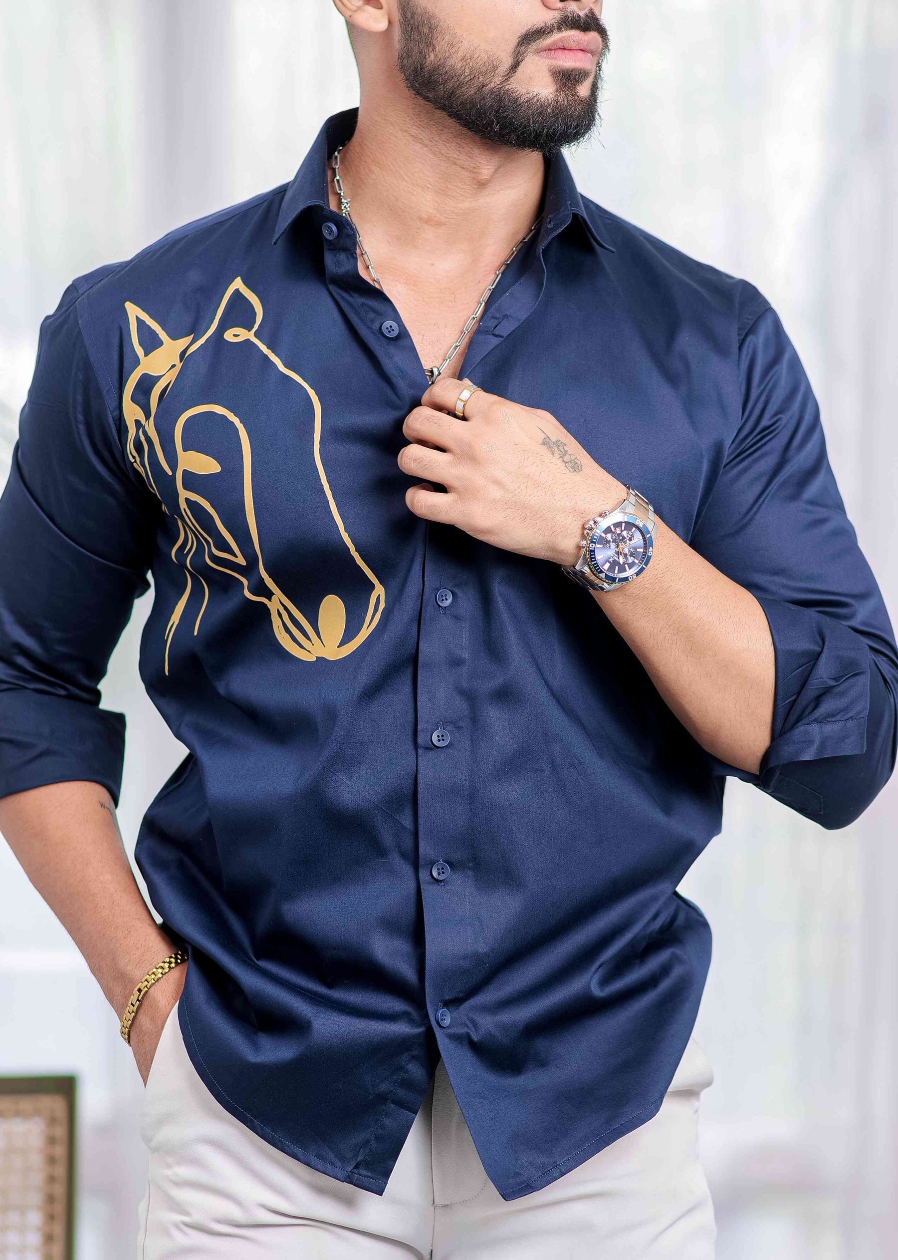 Blue Club Wear Printed Satin Cotton Shirt