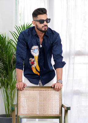 Navy Blue Club Wear Printed Satin Cotton Shirt