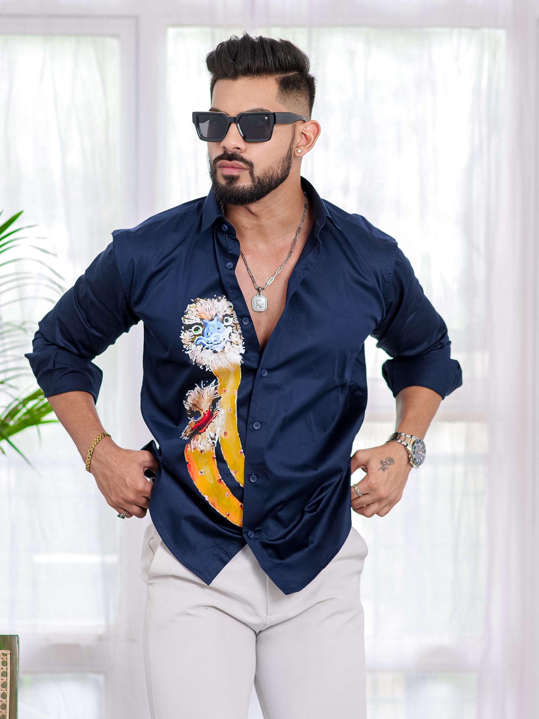 Navy Blue Club Wear Printed Satin Cotton Shirt