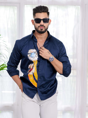 Navy Blue Club Wear Printed Satin Cotton Shirt