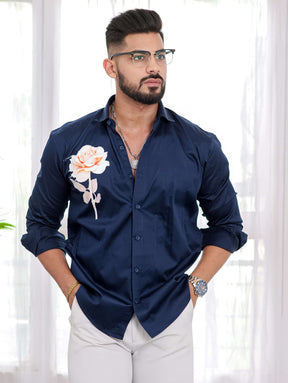 Navy Blue Club Wear Printed Satin Cotton Shirt