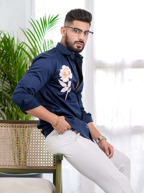 Navy Blue Club Wear Printed Satin Cotton Shirt