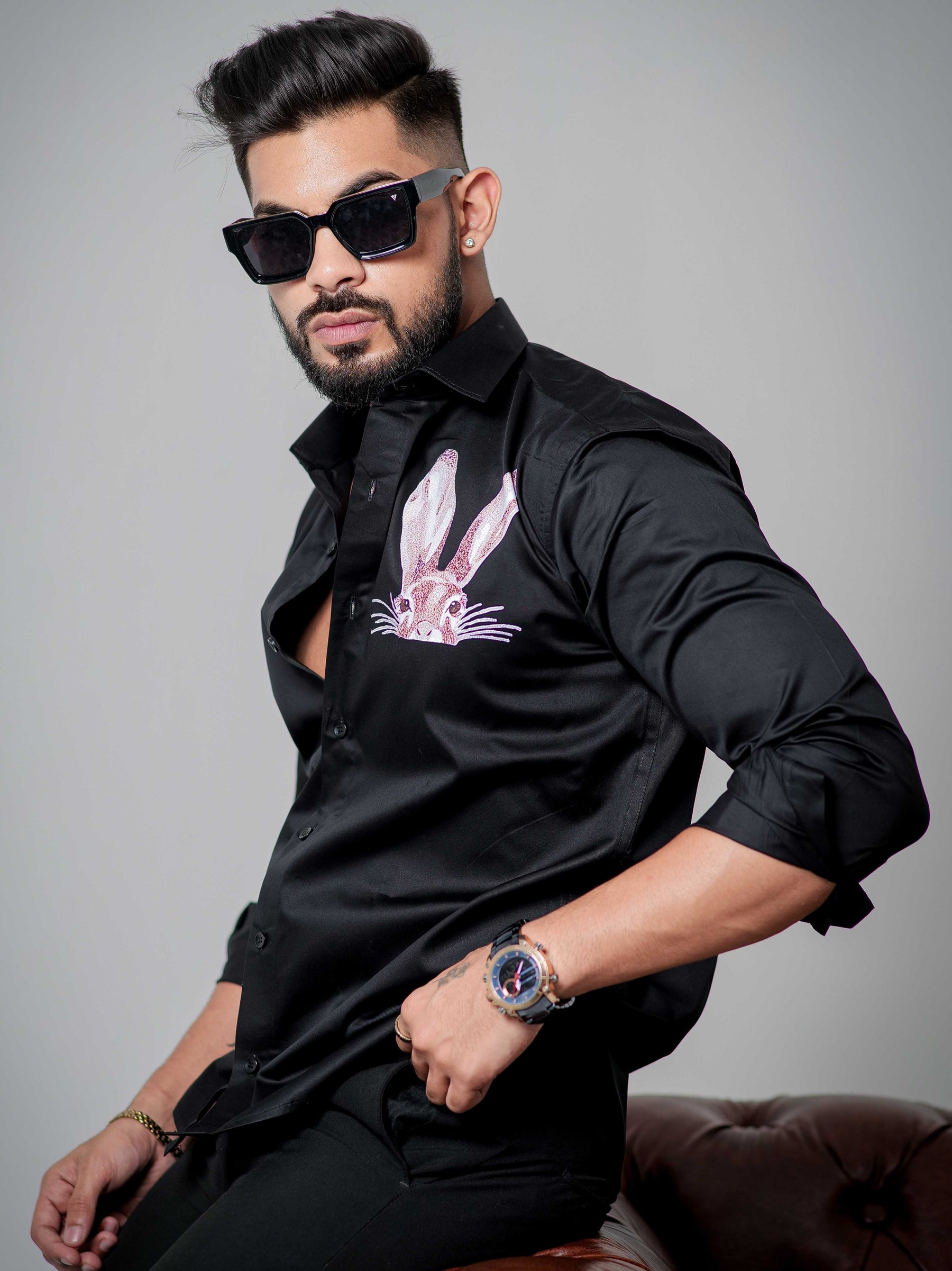 Black Club Wear Printed Satin Cotton Shirt