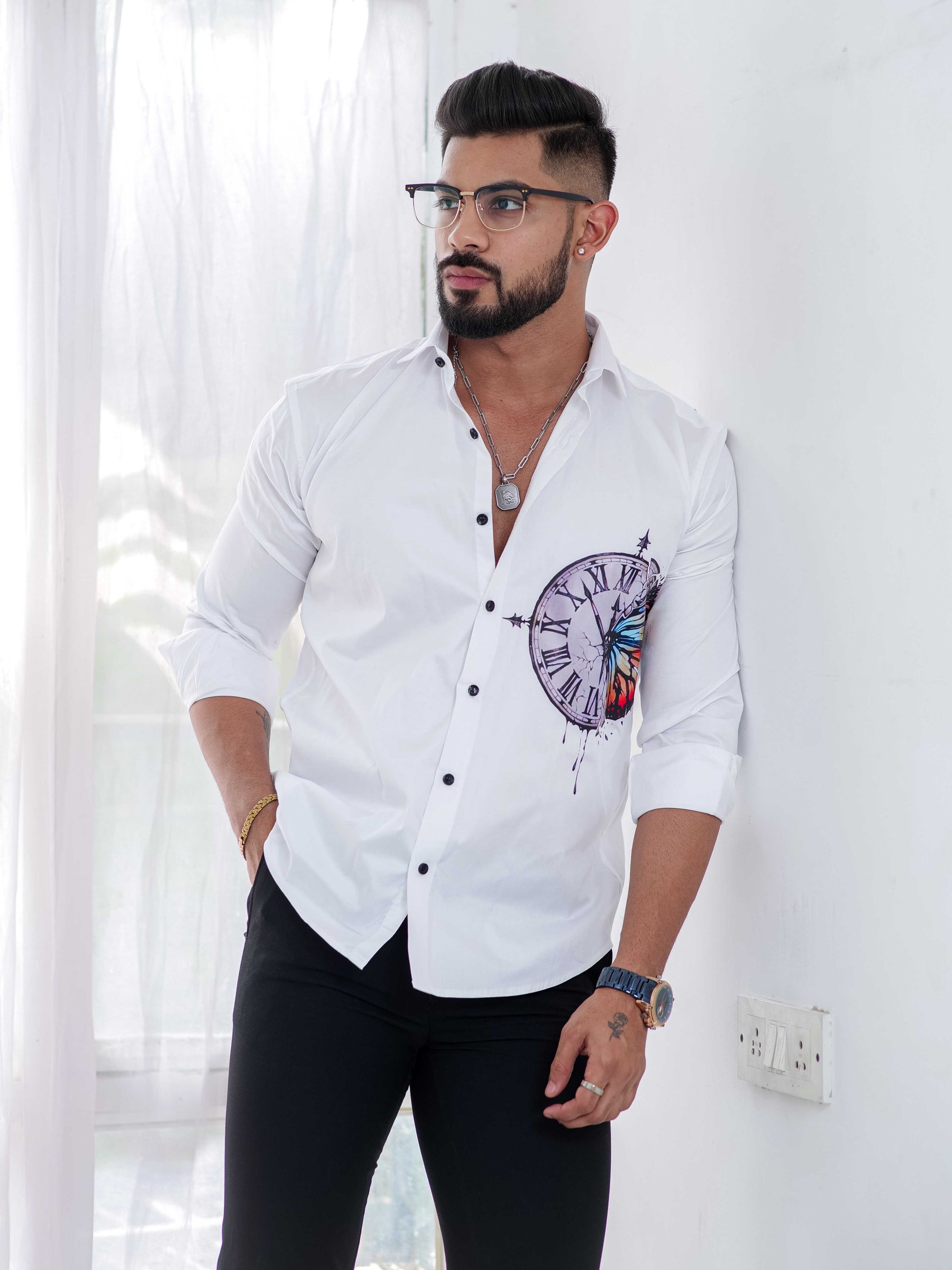 White Club Wear Printed Satin Cotton Shirt