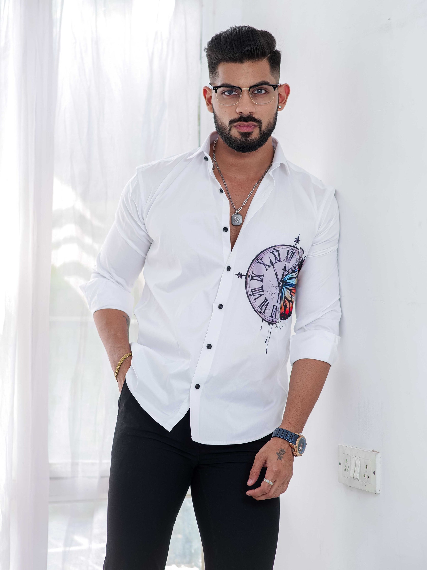 White Club Wear Printed Satin Cotton Shirt