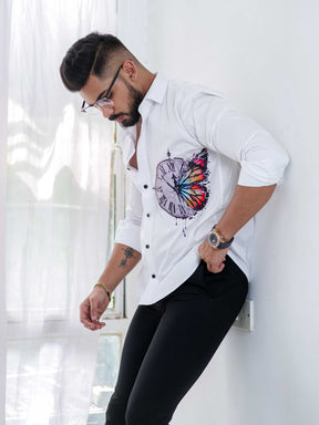 White Club Wear Printed Satin Cotton Shirt