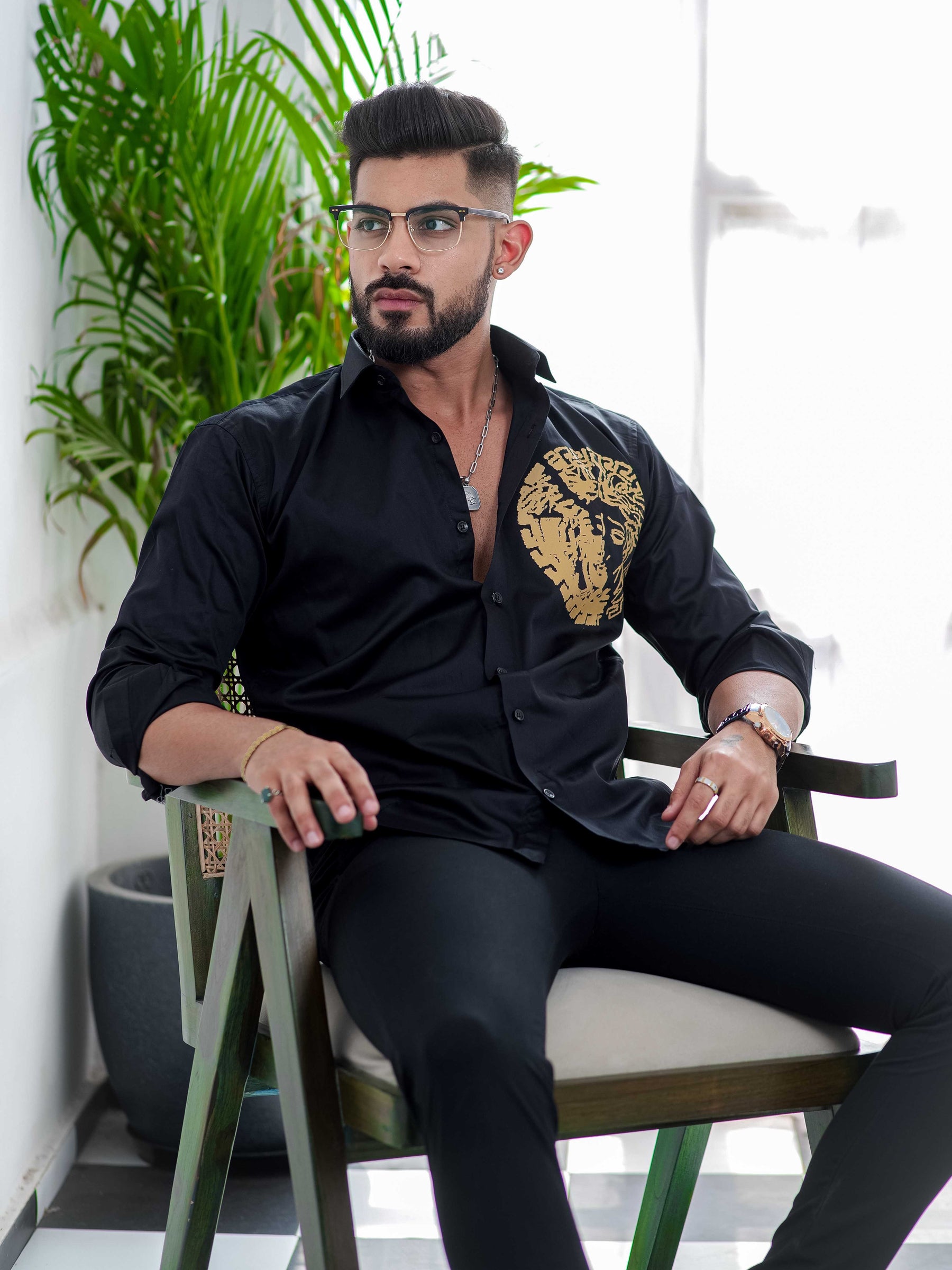 Black Club Wear Printed Satin Cotton Shirt