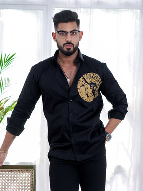 Black Club Wear Printed Satin Cotton Shirt