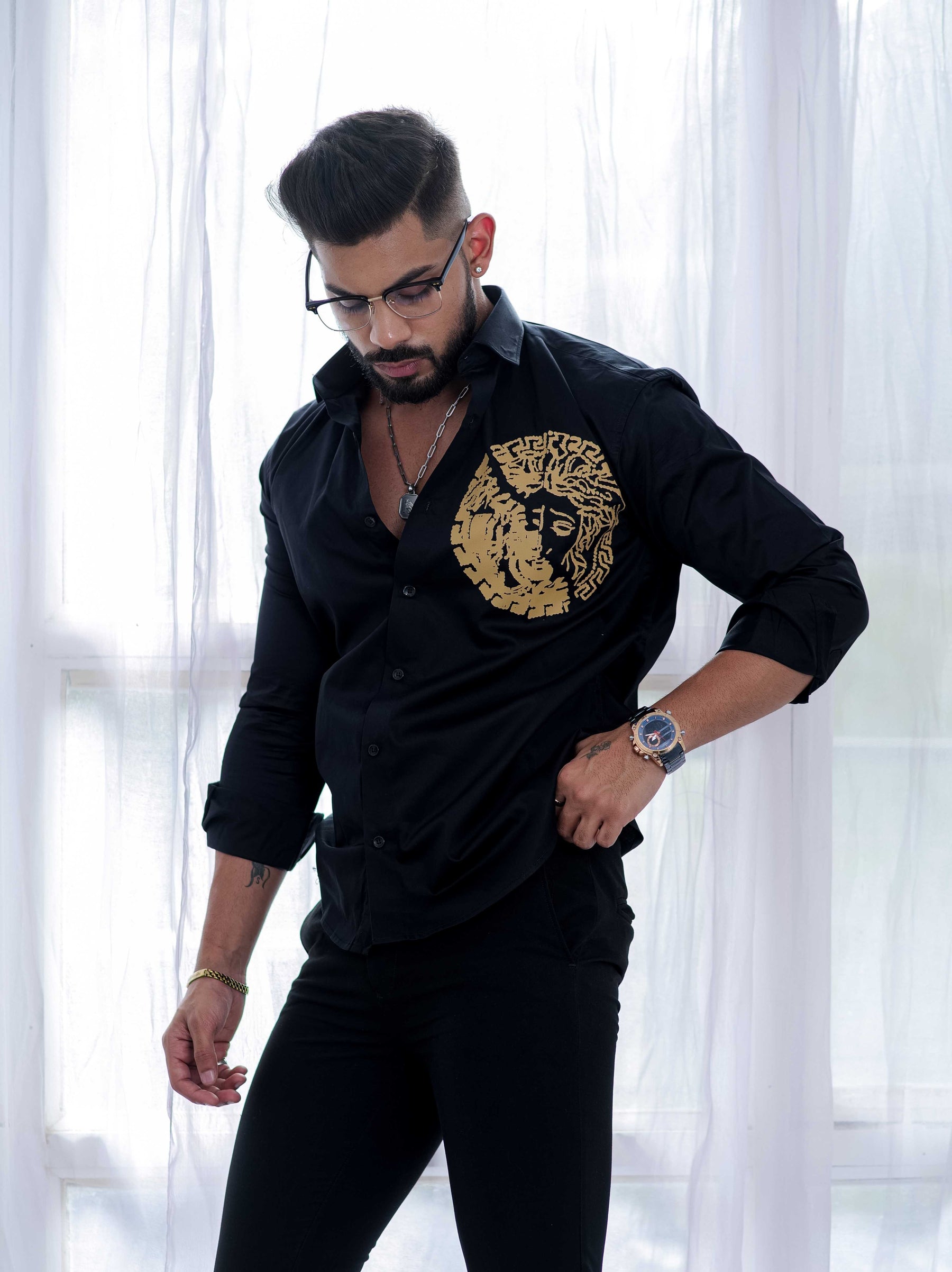 Black Club Wear Printed Satin Cotton Shirt