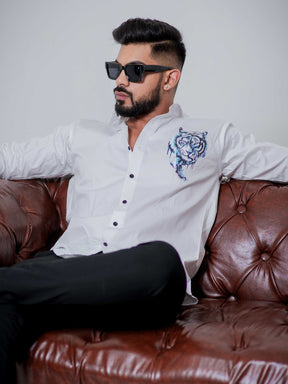 White Club Wear Printed Satin Cotton Shirt