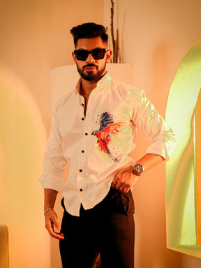 White Club Wear Printed Satin Cotton Shirt