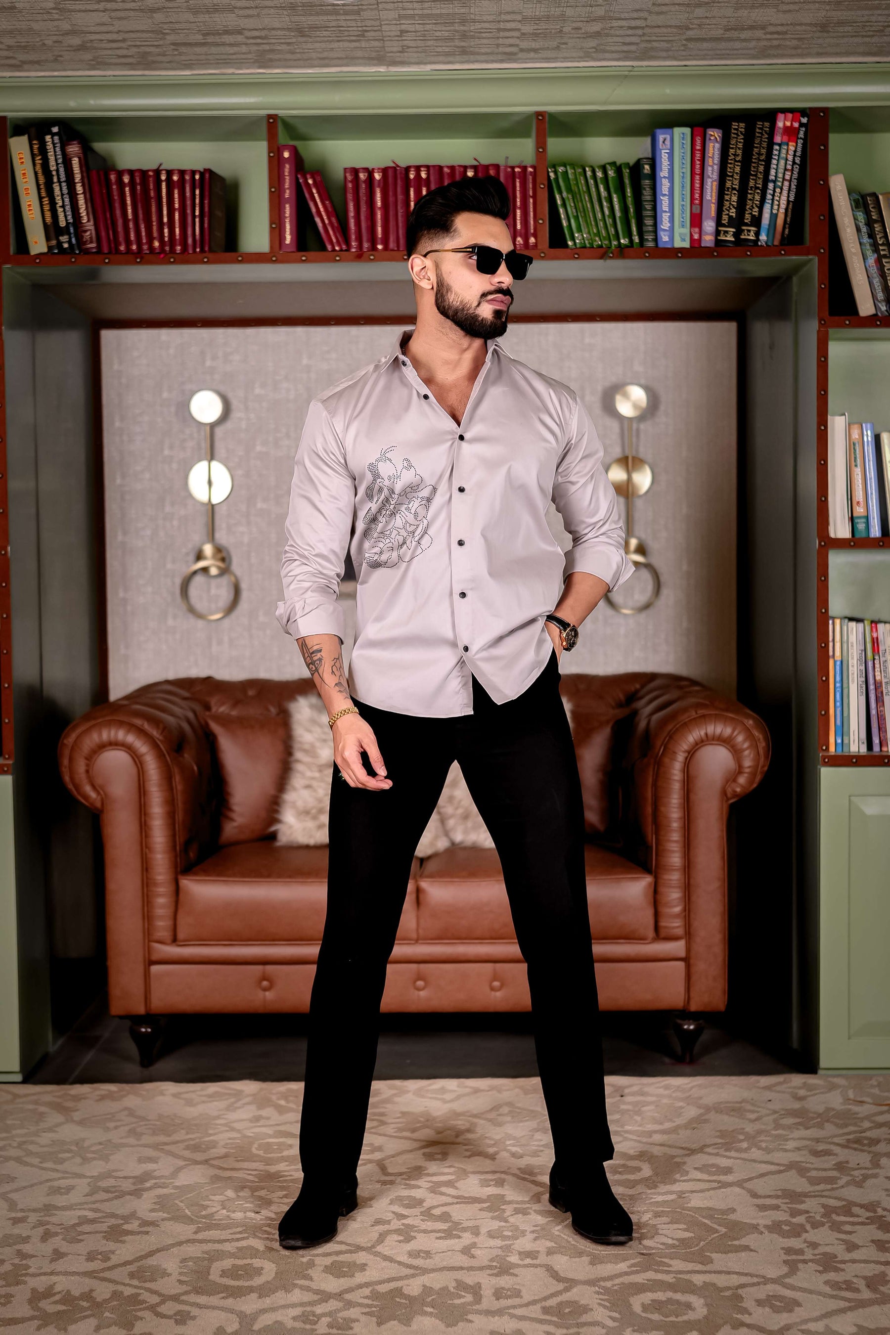 GREY STARRY BEADED SATIN COTTON PREMIUM PARTY SHIRT