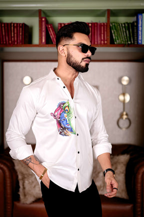 Lord Krishna White Club Wear Printed Satin Cotton Shirt