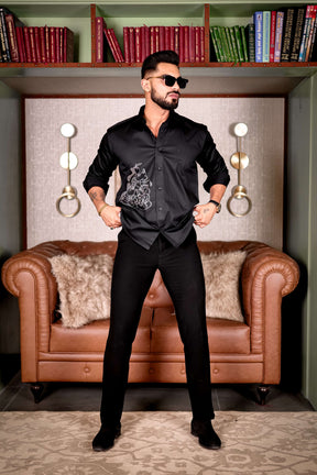 Black Starry Beaded SATIN COTTON PREMIUM PARTY SHIRT