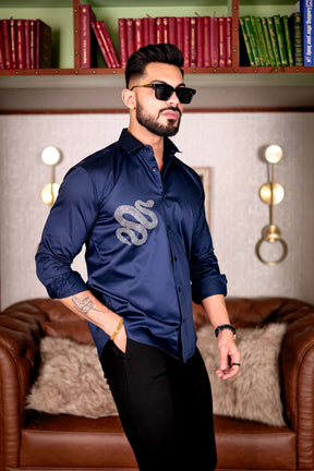 Navy Starry Beaded Club Wear Printed Satin Cotton Shirt