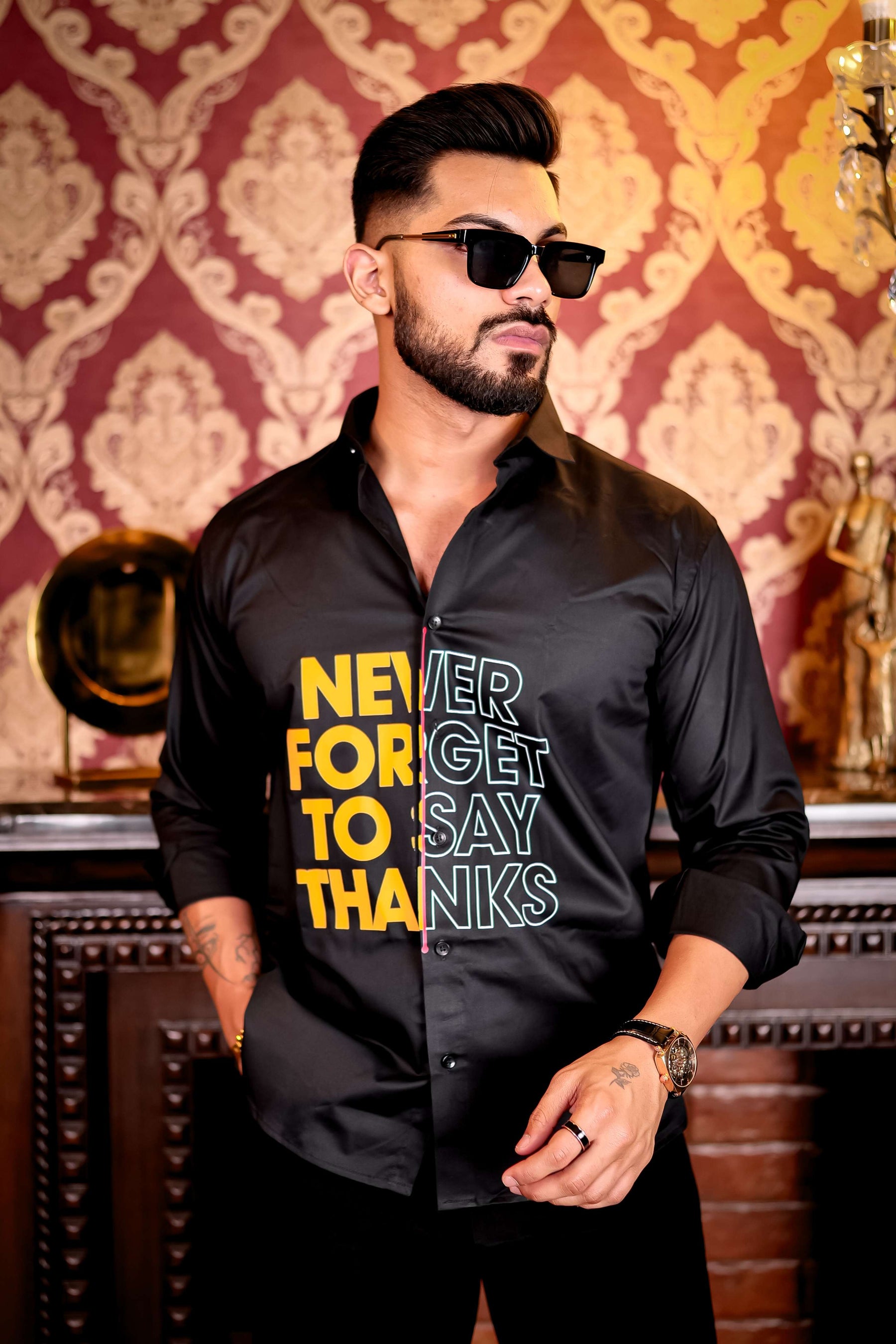 Say Thanks Black Club Wear Printed Satin Cotton Shirt