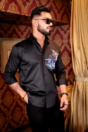 Black Lord Krishna Club Wear Printed Satin Cotton Shirt