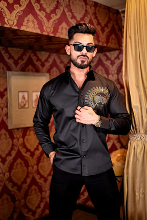 Black Club Wear Satin Cotton Party Shirt