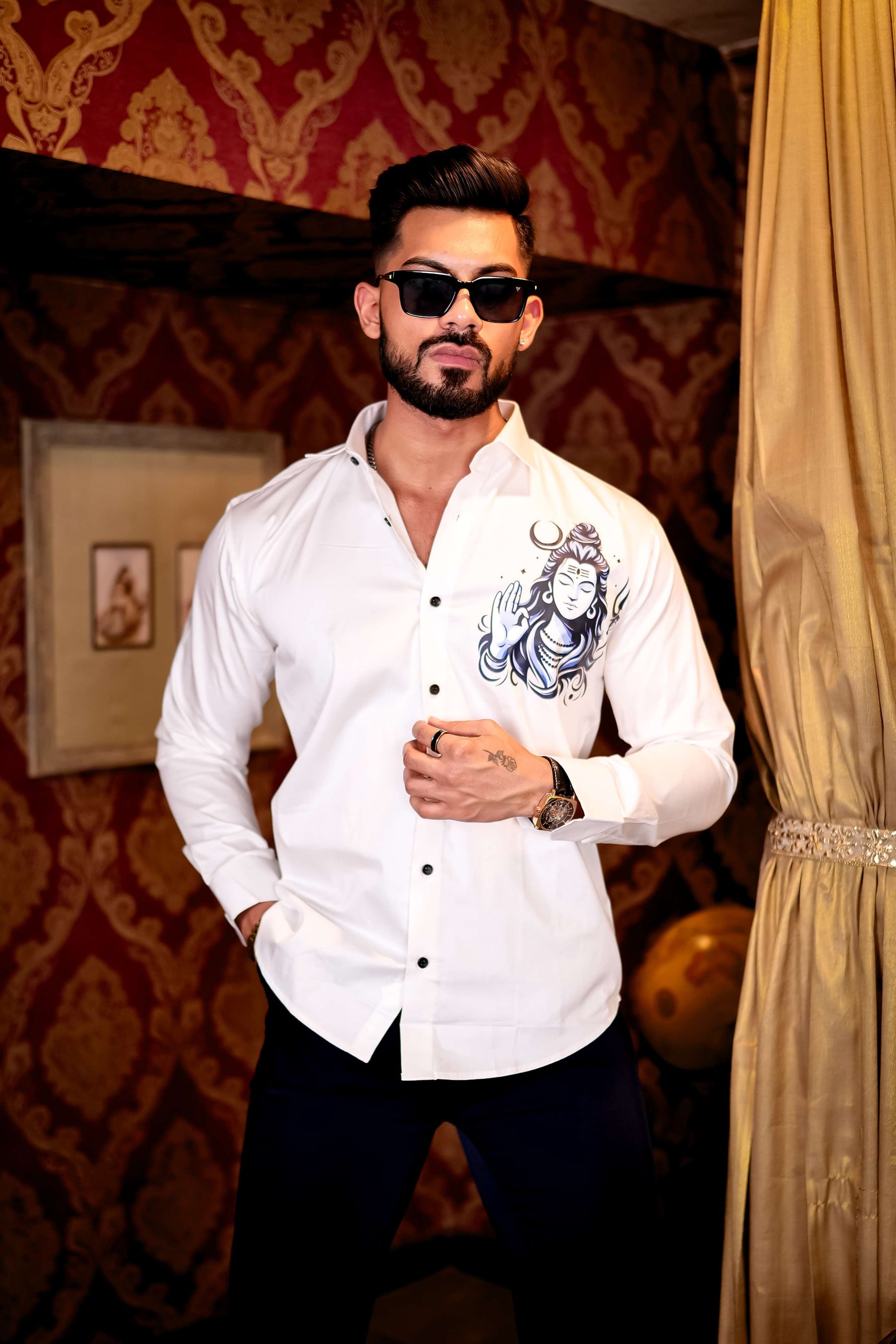 White Lord Shiva Club Wear Printed Satin Cotton Shirt