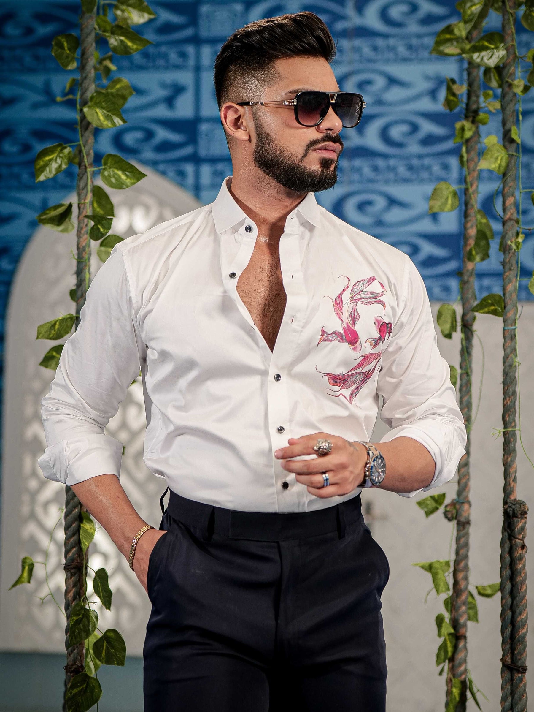 White Club Wear Printed Satin Cotton Shirt