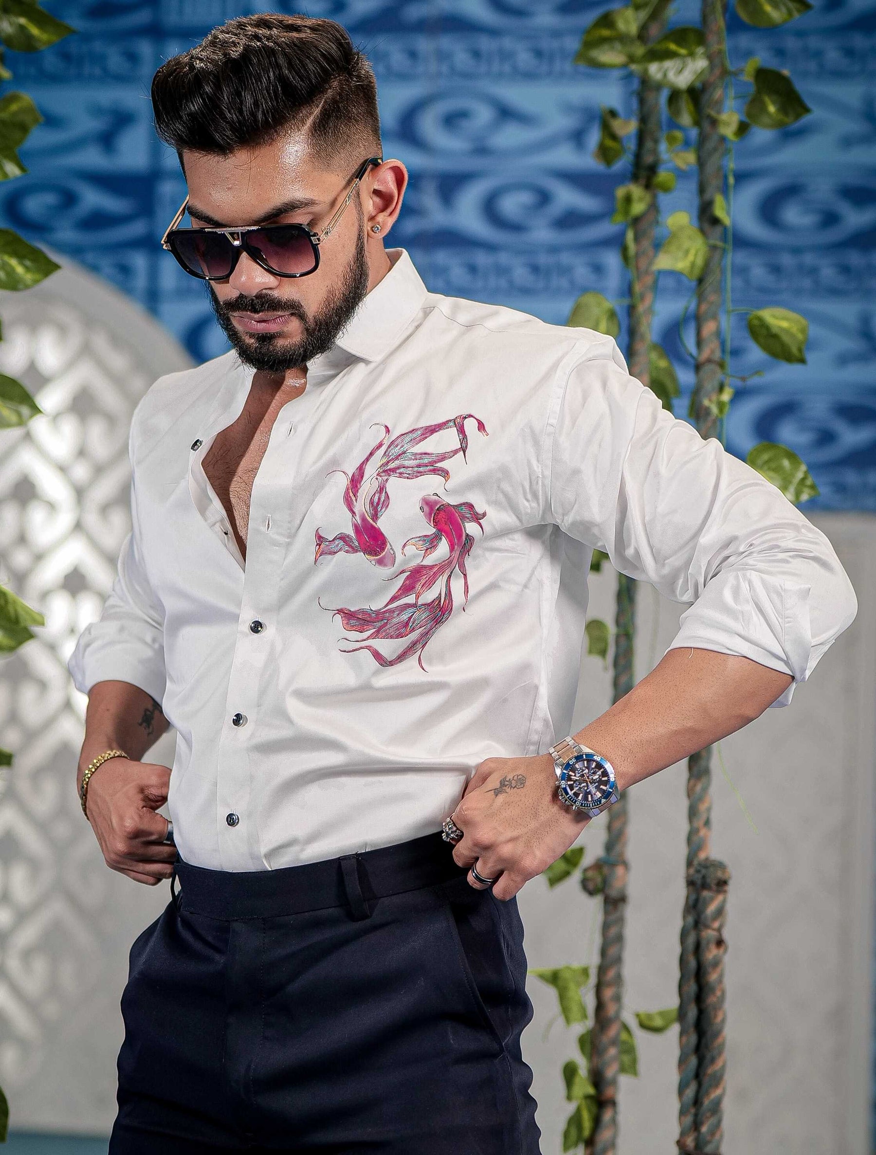 White Club Wear Printed Satin Cotton Shirt