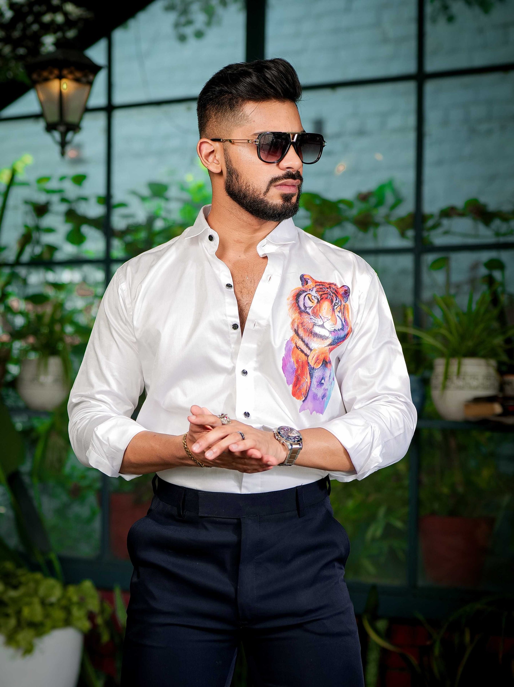 White Club Wear Printed Satin Cotton Shirt