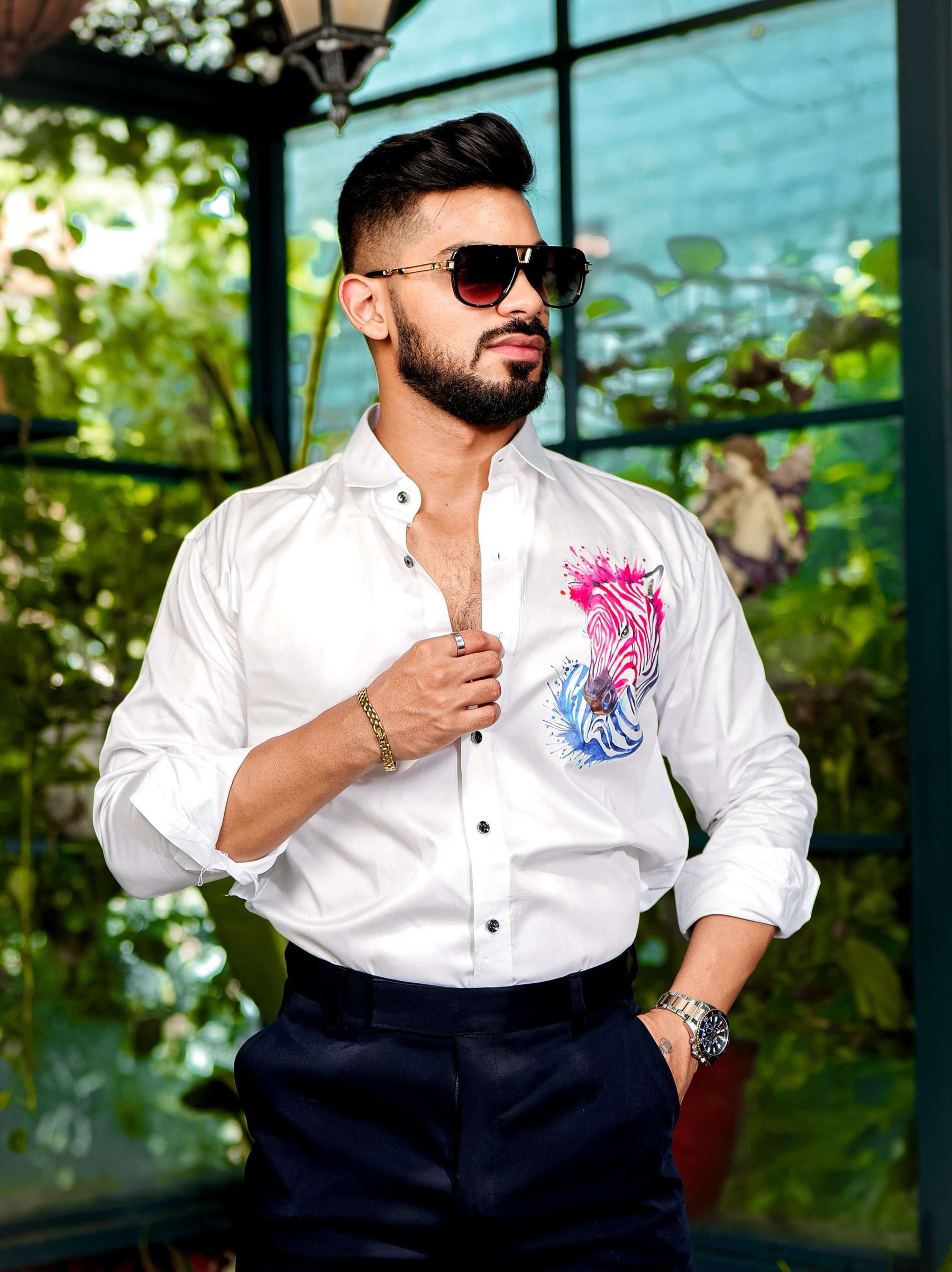 White Club Wear Printed Satin Cotton Shirt